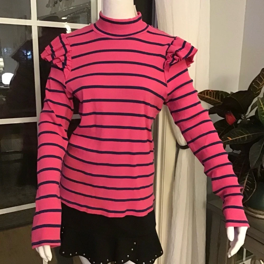 T.La Anthropologie Vibrant Pink Navy Stripe Ruffle Turtleneck Pullover Woman XL - Picture 11 of 11